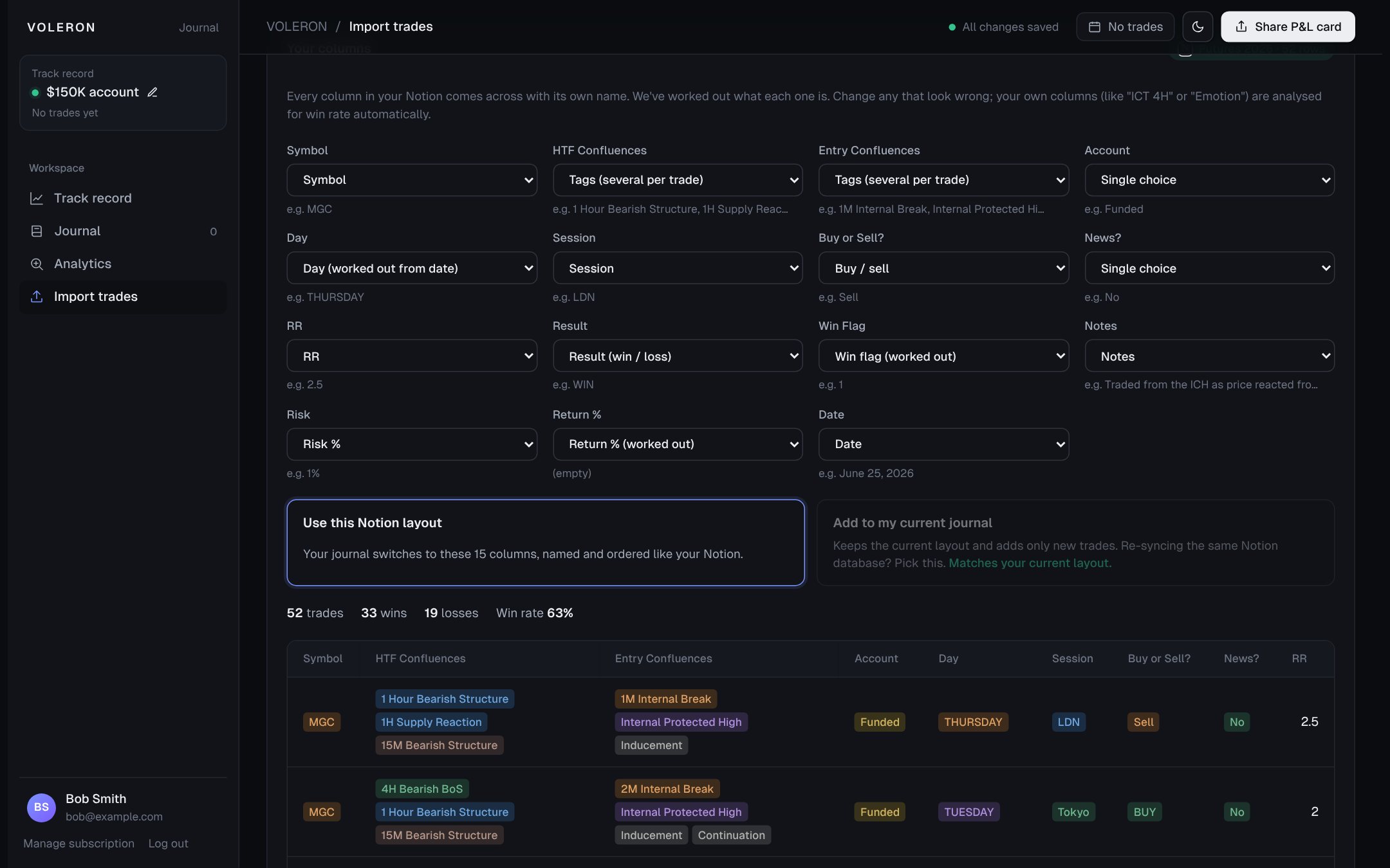 Notion import matching each column of a trading journal