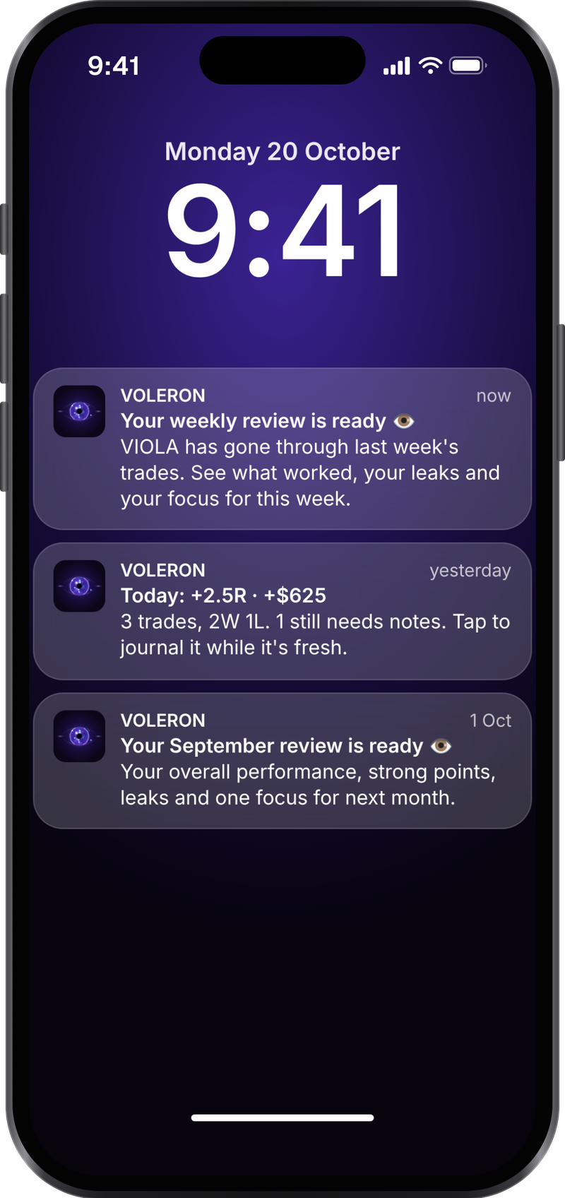 VOLERON notifications on an iPhone lock screen
